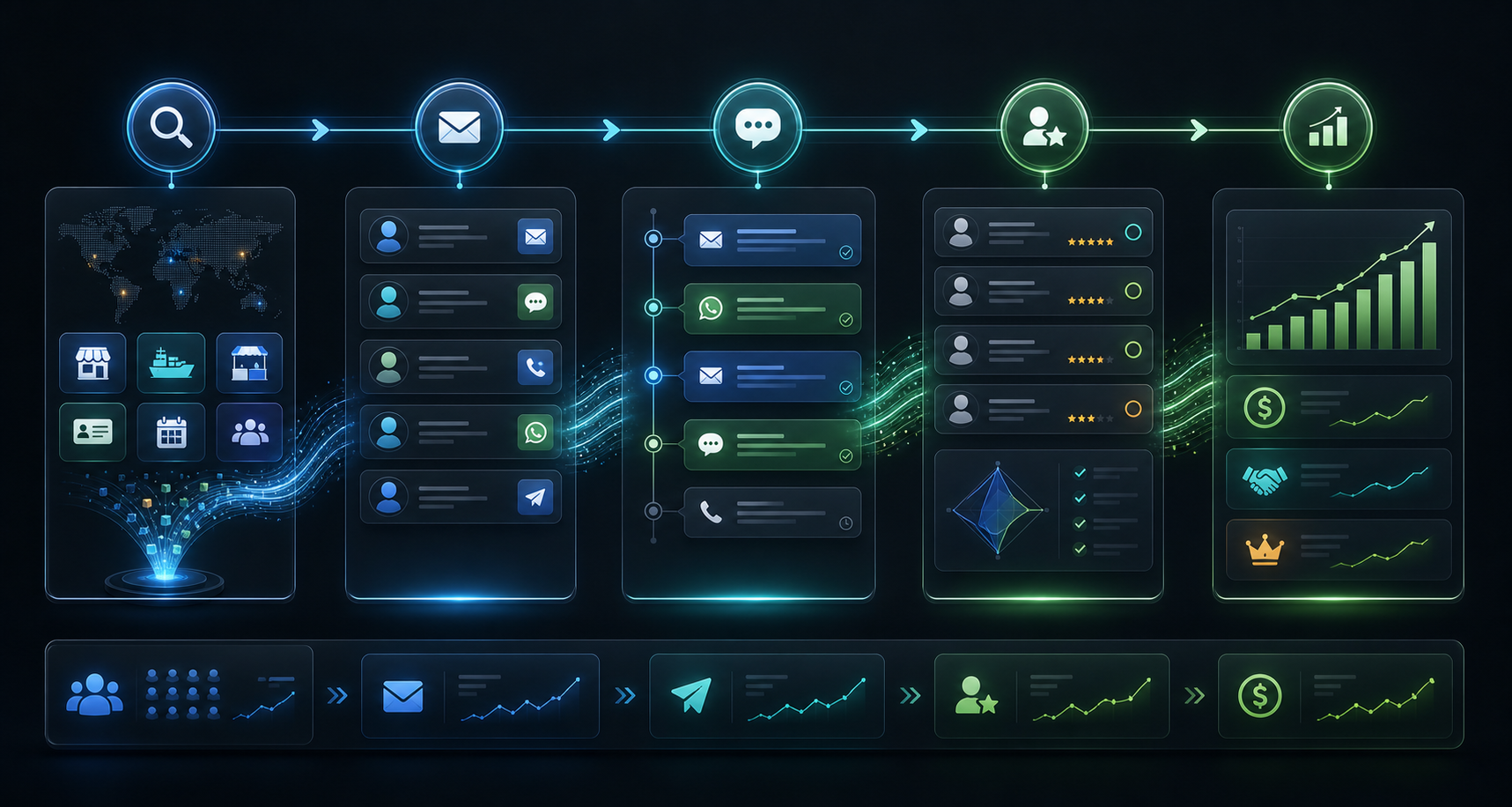 AI Digital Workers daily operating model infographic showing source discovery, outreach, follow-up, qualification, and revenue expansion