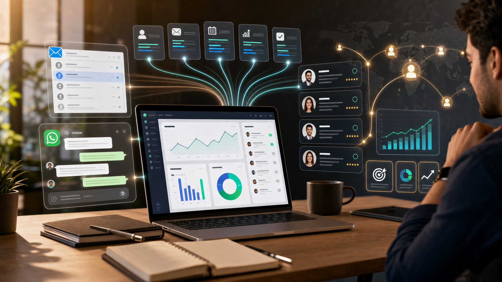 AI growth launch workspace with email, WhatsApp, prospect cards, partner network, and revenue signals
