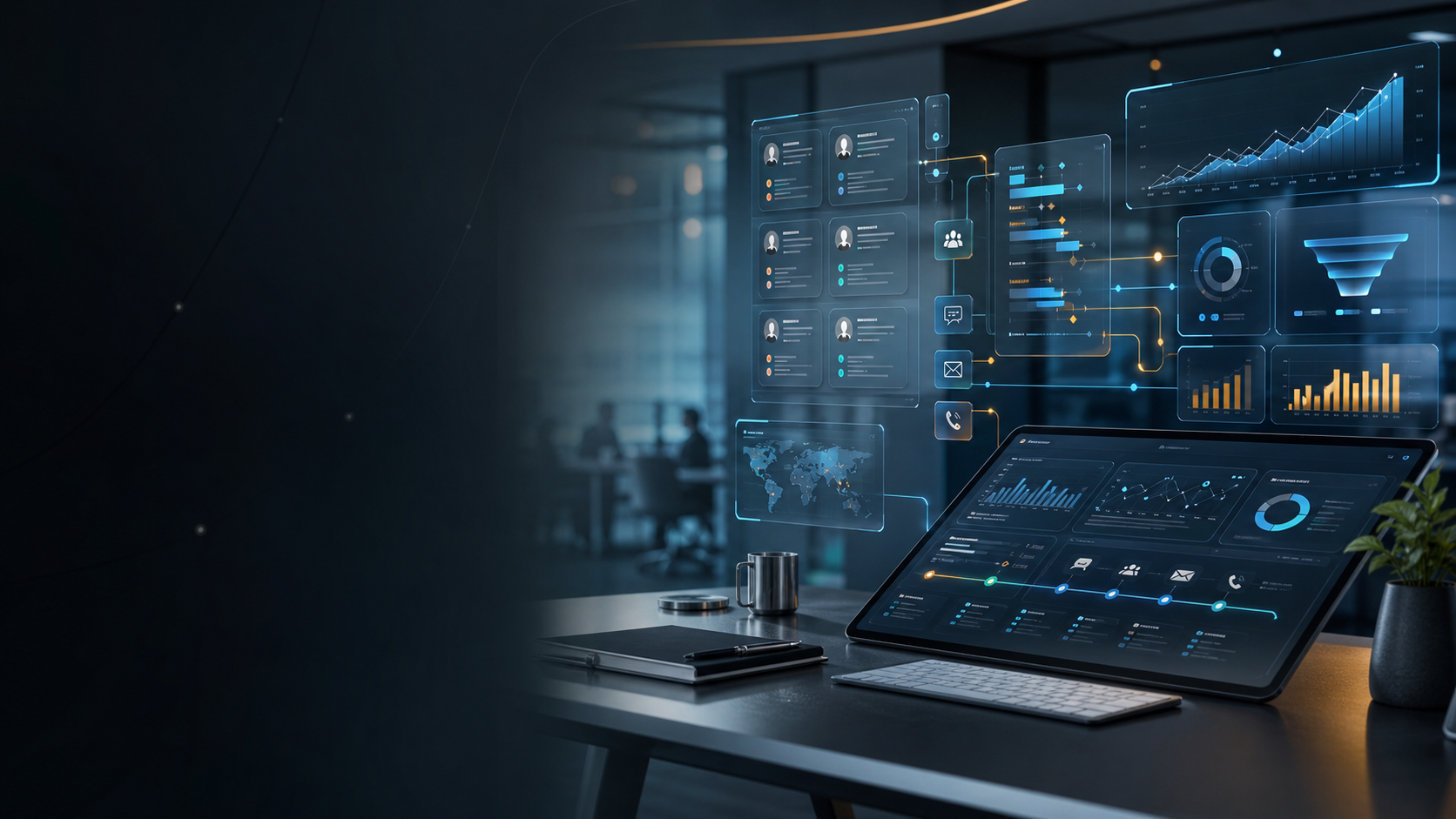 AI growth command center with prospecting dashboards and revenue pipeline visuals